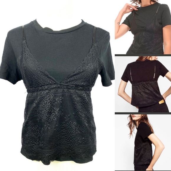 ZARA Black Short Tee w Lace Overlay Tank Top - Picture 2 of 10